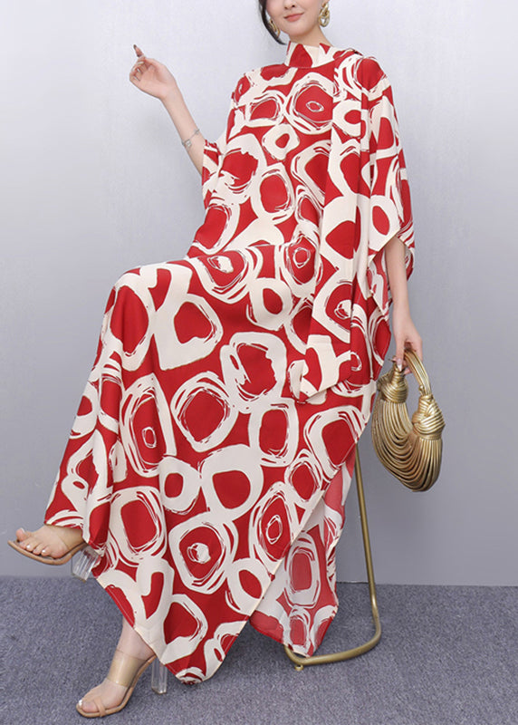 Plus Size Red Peter Pan Collar Print Robe Dresses Summer