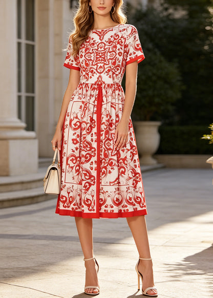 Plus Size Red Print Exra Large Hem Cotton Tea Dresses Summer