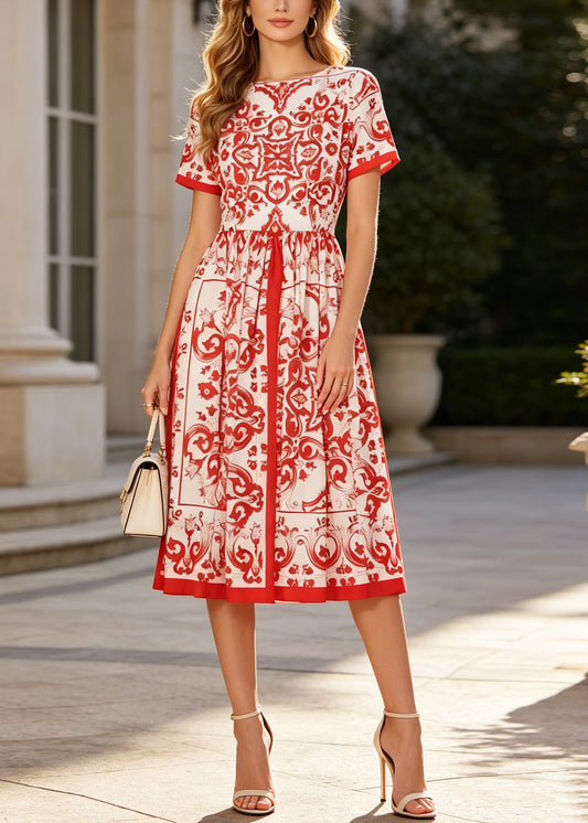 Plus Size Red Print Exra Large Hem Cotton Tea Dresses Summer