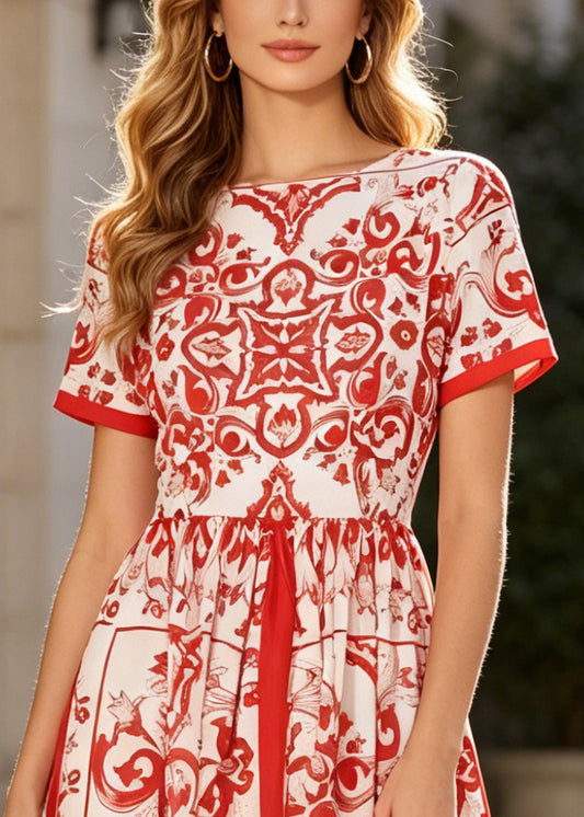 Plus Size Red Print Exra Large Hem Cotton Tea Dresses Summer