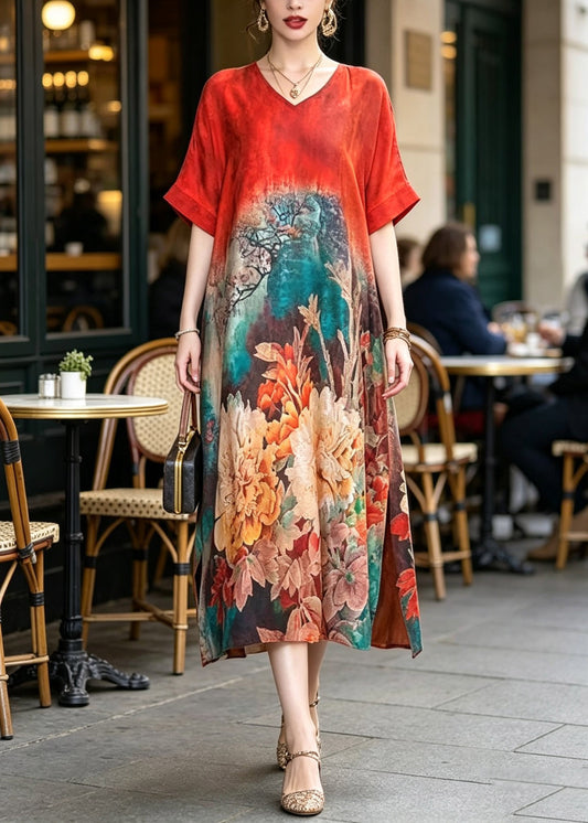 Plus Size Red Print Silk Maxi Dresses Short Sleeve