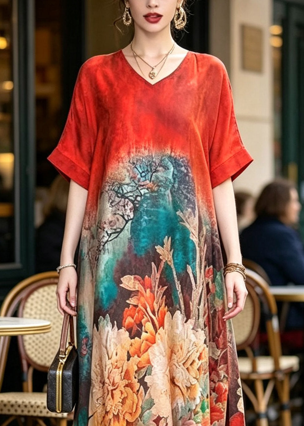 Plus Size Red Print Silk Maxi Dresses Short Sleeve