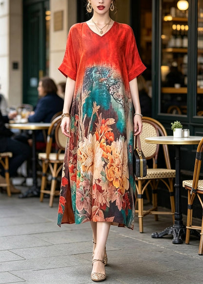 Plus Size Red Print Silk Maxi Dresses Short Sleeve