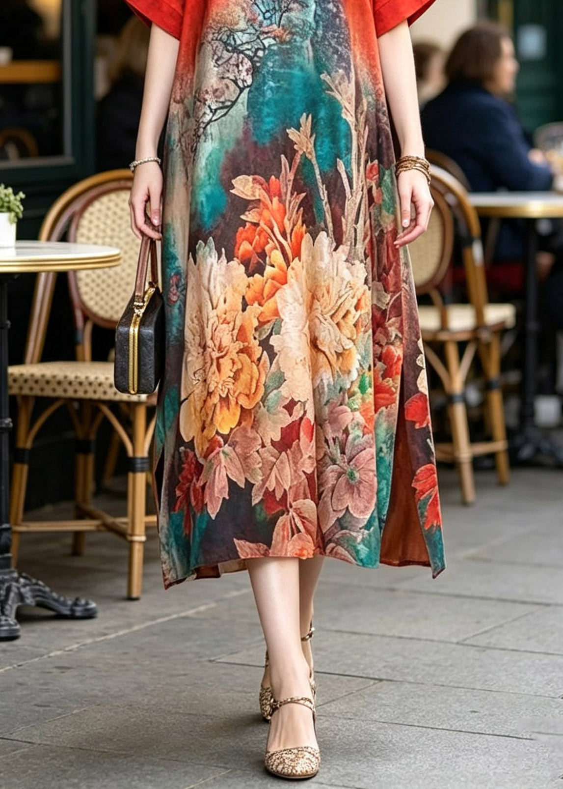 Plus Size Red Print Silk Maxi Dresses Short Sleeve