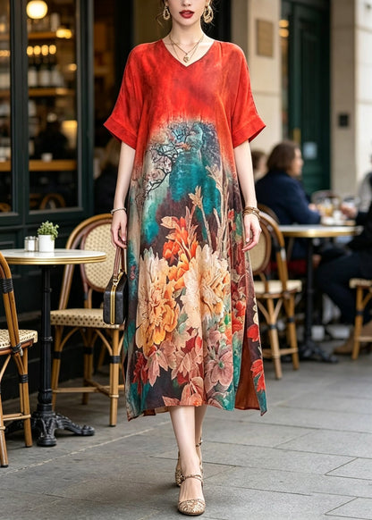 Plus Size Red Print Silk Maxi Dresses Short Sleeve