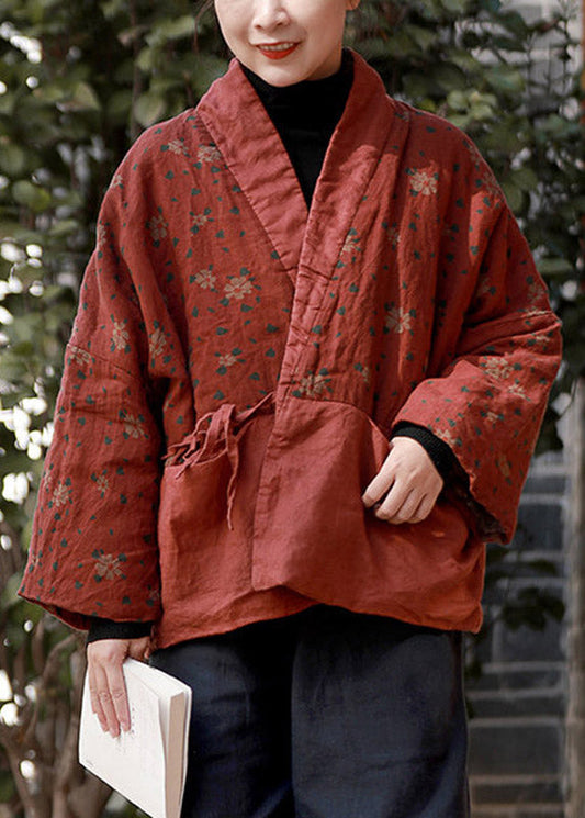 Plus Size Red Print Tie Waist Parka Long Sleeve