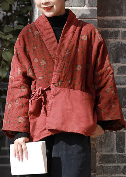 Plus Size Red Print Tie Waist Parka Long Sleeve