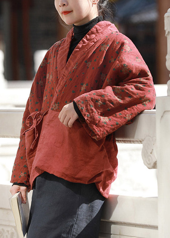 Plus Size Red Print Tie Waist Parka Long Sleeve