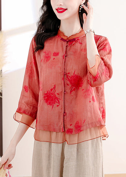 Plus Size Red Print Tops And Pants Linen Two Pieces Set Summer