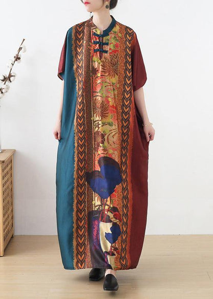 Plus Size Red Purple Green Print Batwing Sleeve Mid Summer Chiffon Dress - SooLinen