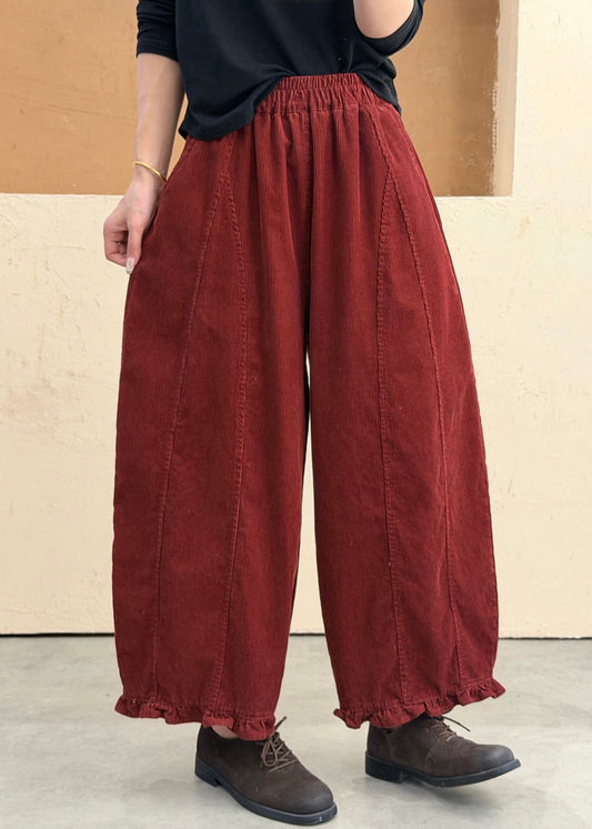 Plus Size Red Ruffled Pockets Patchwork Cotton Pants Fall