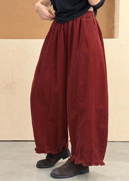 Plus Size Red Ruffled Pockets Patchwork Cotton Pants Fall
