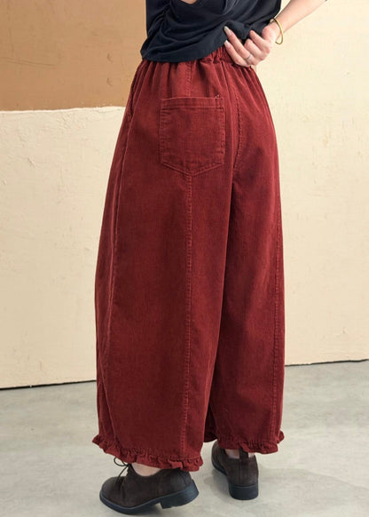 Plus Size Red Ruffled Pockets Patchwork Cotton Pants Fall
