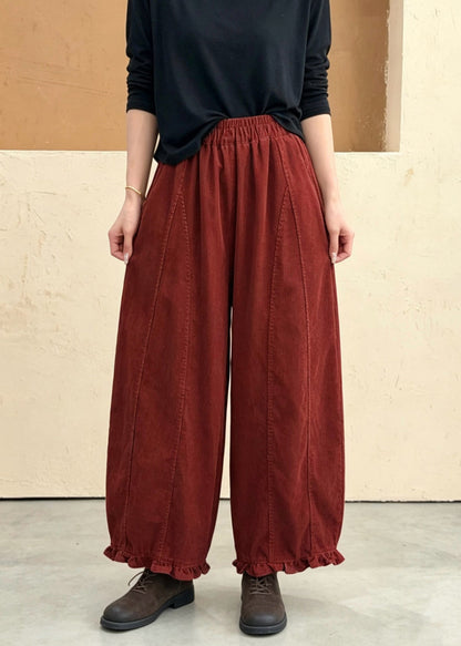 Plus Size Red Ruffled Pockets Patchwork Cotton Pants Fall