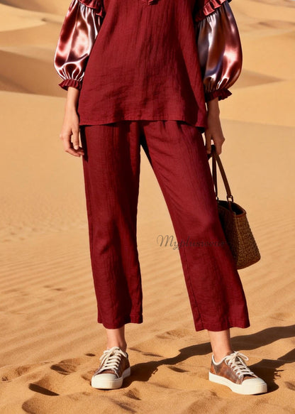 Plus Size Red Ruffled Silk Patchwork Linen Two Pieces Set Spring
