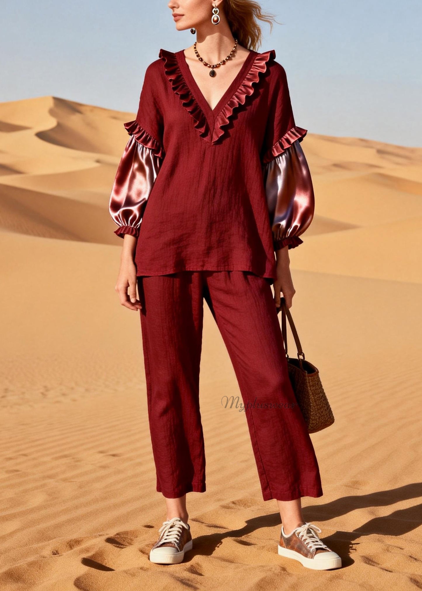 Plus Size Red Ruffled Silk Patchwork Linen Two Pieces Set Spring