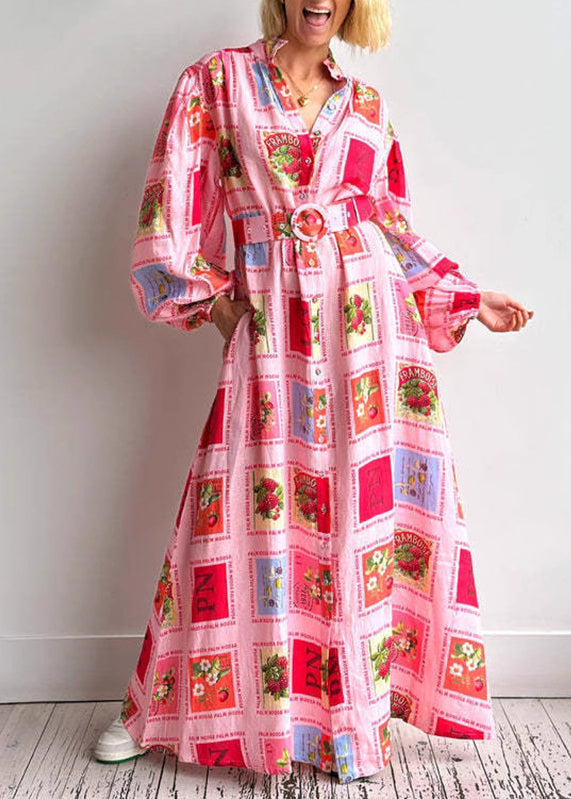 Plus Size Red Stand Collar Print Slim Maxi Dresses Fall