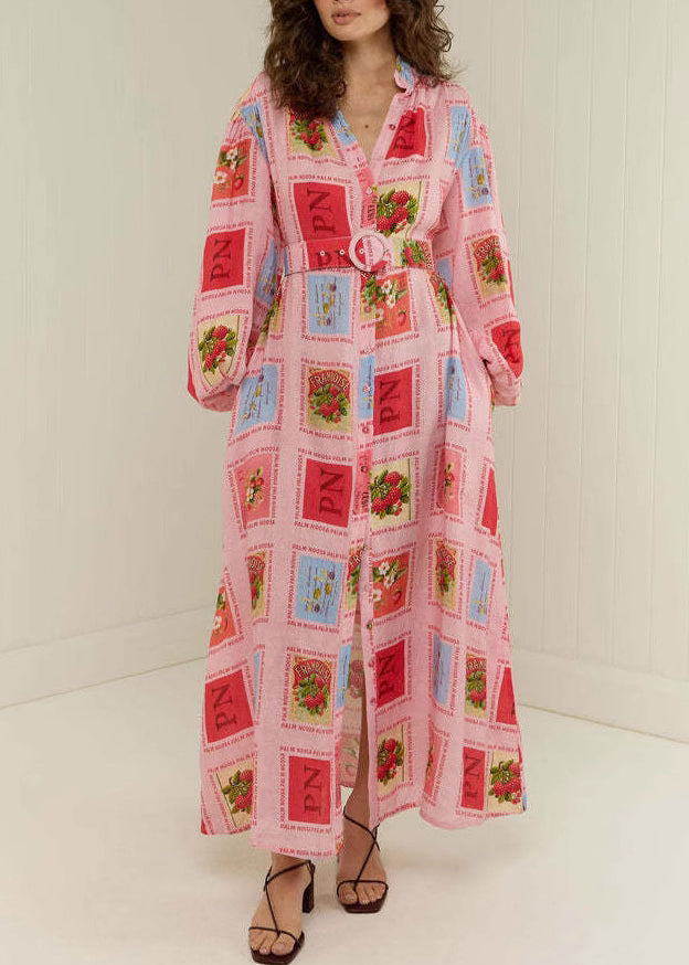 Plus Size Red Stand Collar Print Slim Maxi Dresses Fall