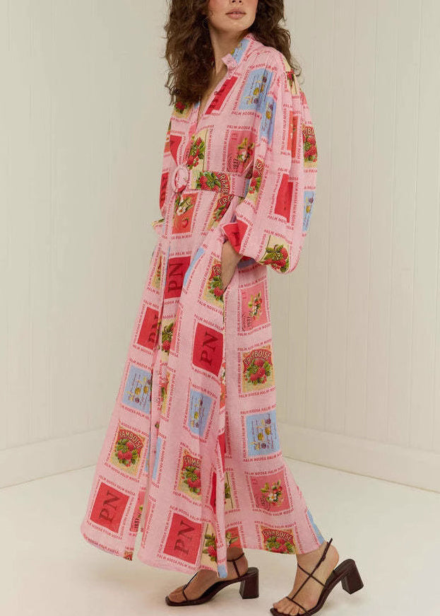 Plus Size Red Stand Collar Print Slim Maxi Dresses Fall