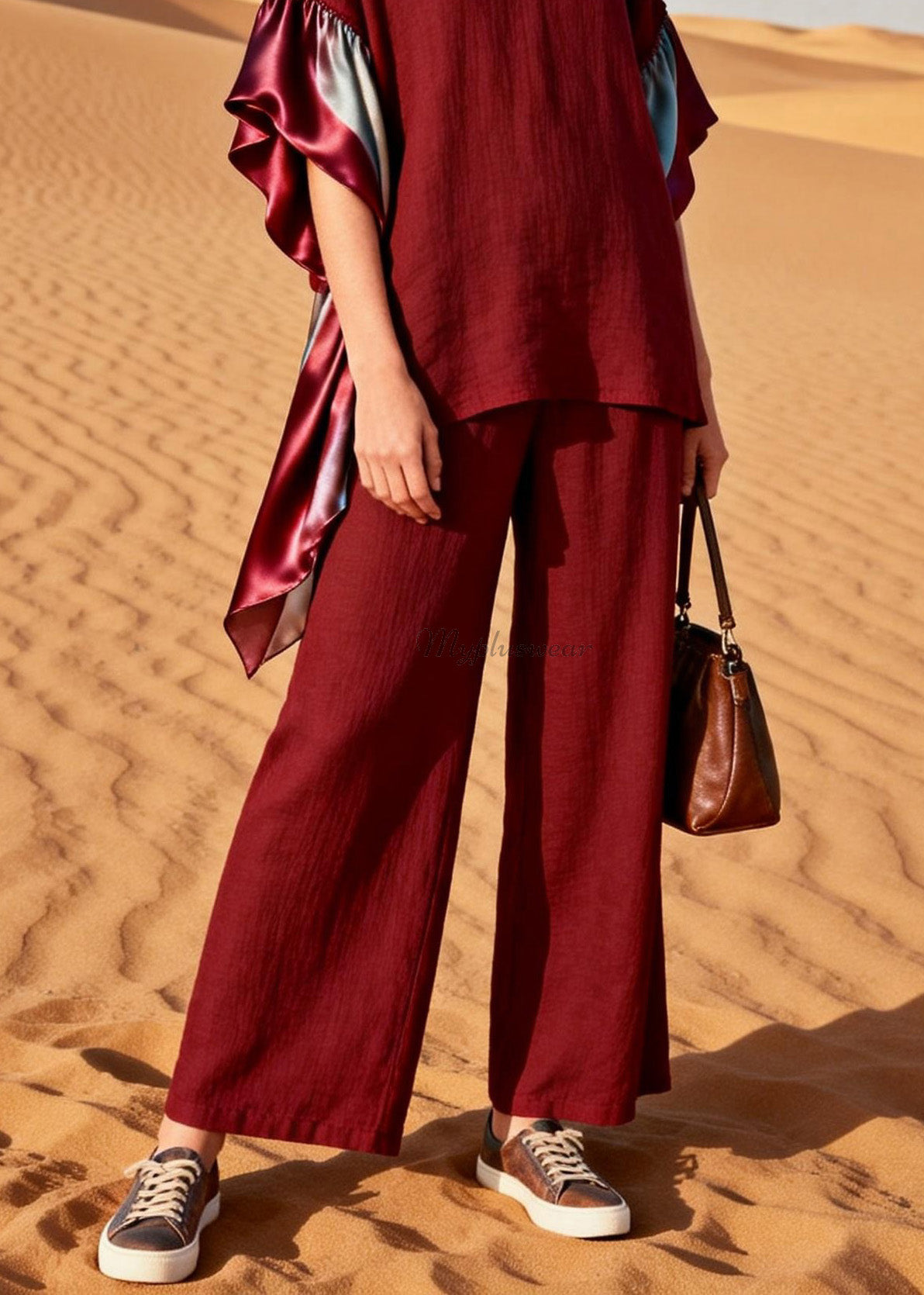 Plus Size Red V Neck Patchwork Linen Silk Two Pieces Set Summer
