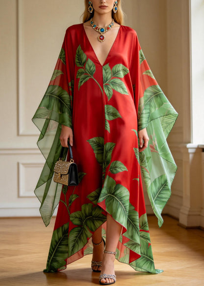 Plus Size Red V Neck Print Chiffon Ankle Dress Summer