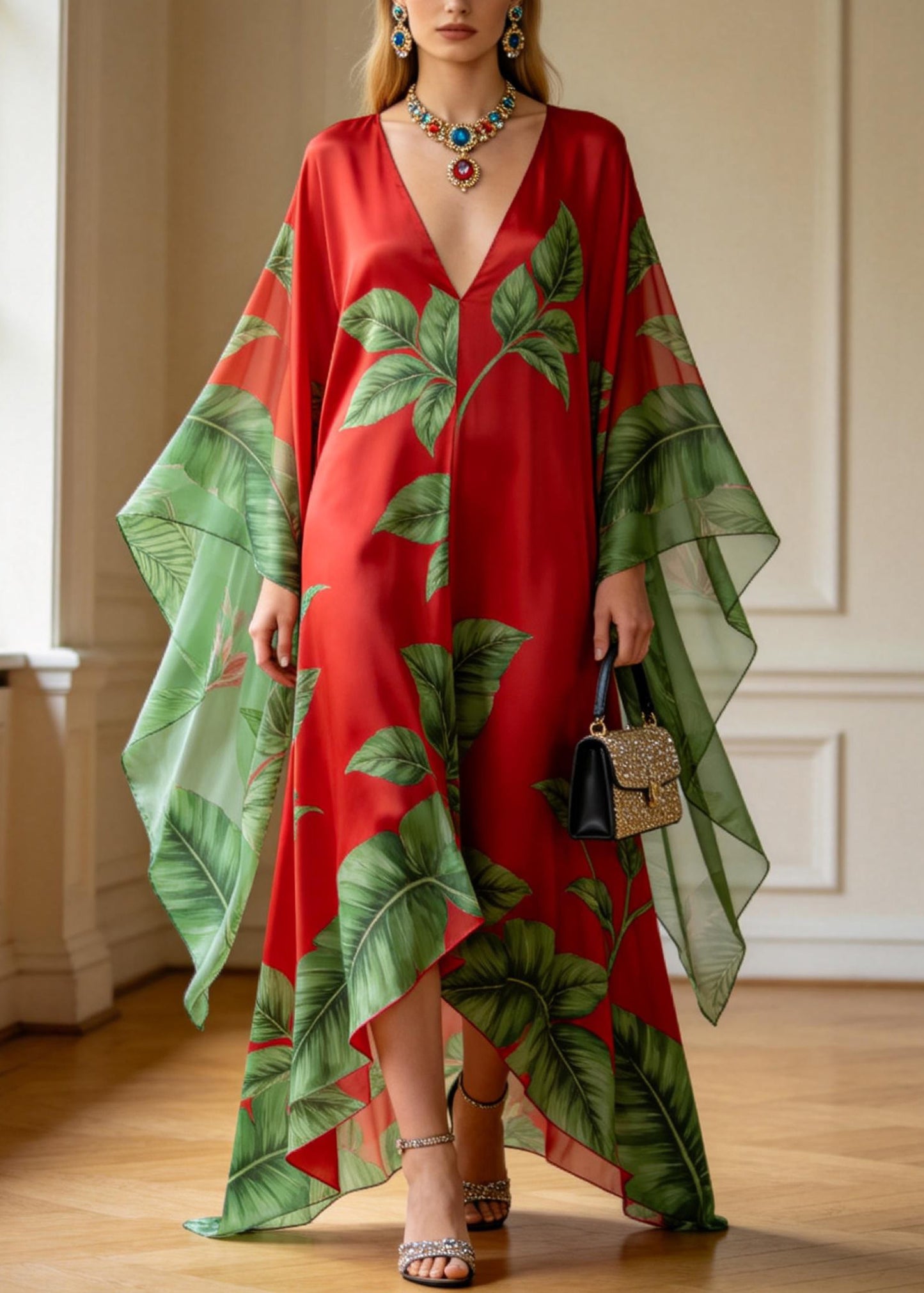 Plus Size Red V Neck Print Chiffon Ankle Dress Summer