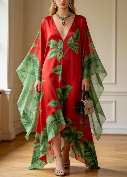 Plus Size Red V Neck Print Chiffon Ankle Dress Summer