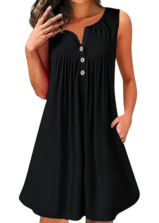 Plus Size Red V Neck Wrinkled Cotton Mid Dress Sleeveless