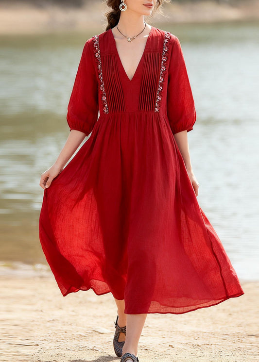 Plus Size Red V Neck Wrinkled Floral Linen Dress Summer
