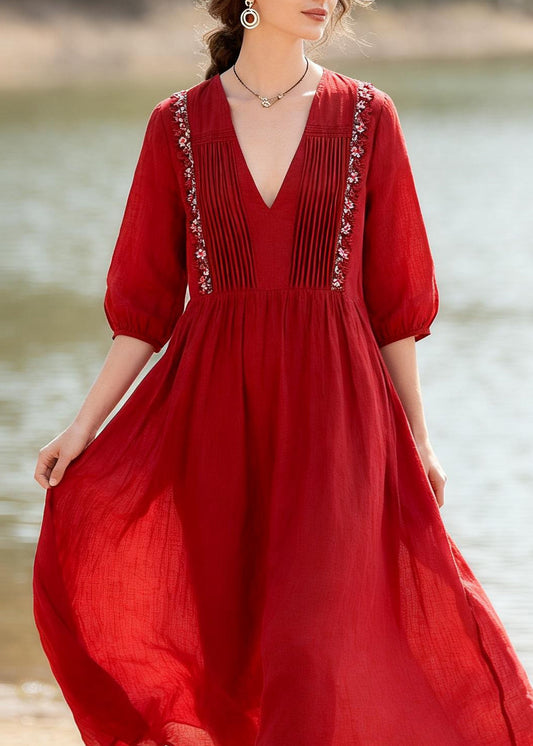 Plus Size Red V Neck Wrinkled Floral Linen Dress Summer