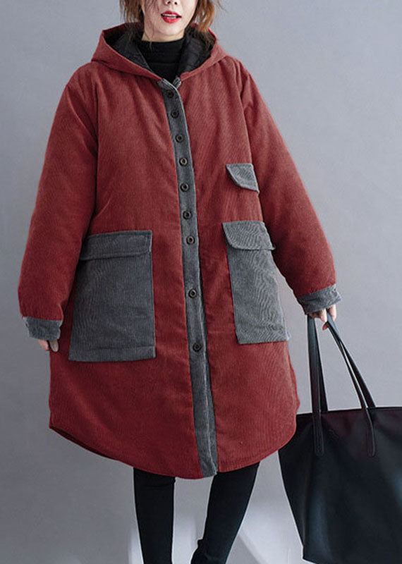 Women Chocolate hooded Pockets Winter Jackets Cotton Thick Coats