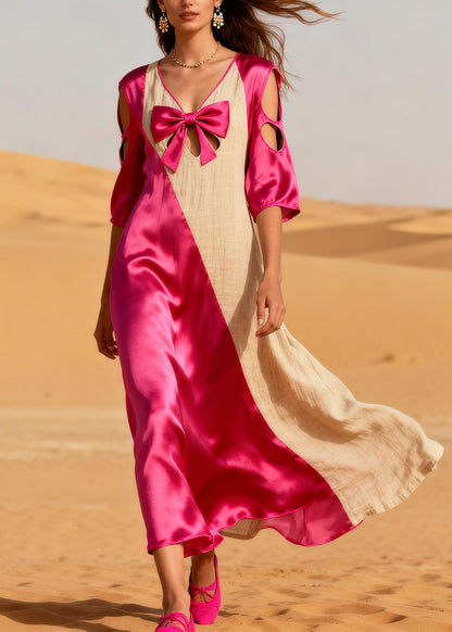 Plus Size Rose Asymmetrical Patchwork Hollow Out Linen Silk Long Dress Summer