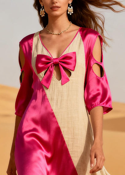 Plus Size Rose Asymmetrical Patchwork Hollow Out Linen Silk Long Dress Summer