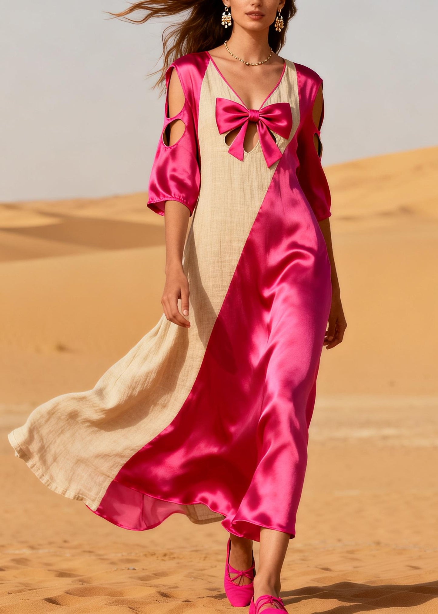 Plus Size Rose Asymmetrical Patchwork Hollow Out Linen Silk Long Dress Summer