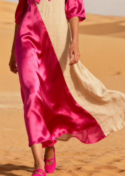 Plus Size Rose Asymmetrical Patchwork Hollow Out Linen Silk Long Dress Summer
