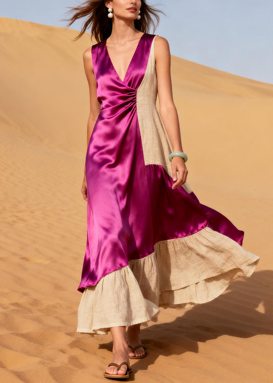 Plus Size Rose Asymmetrical Patchwork Linen Silk Long Dresses Summer
