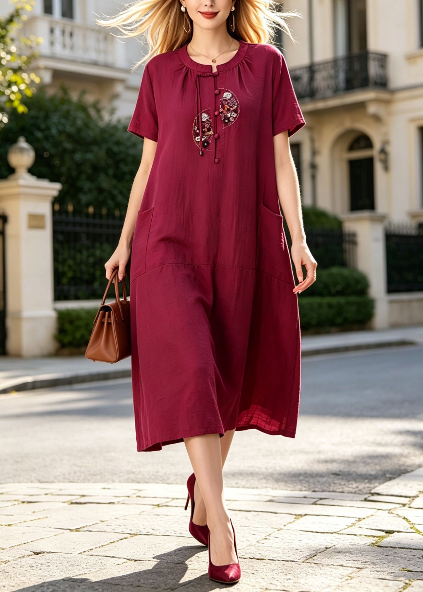 Plus Size Rose Embroidered Pockets Cotton Long Dress Summer