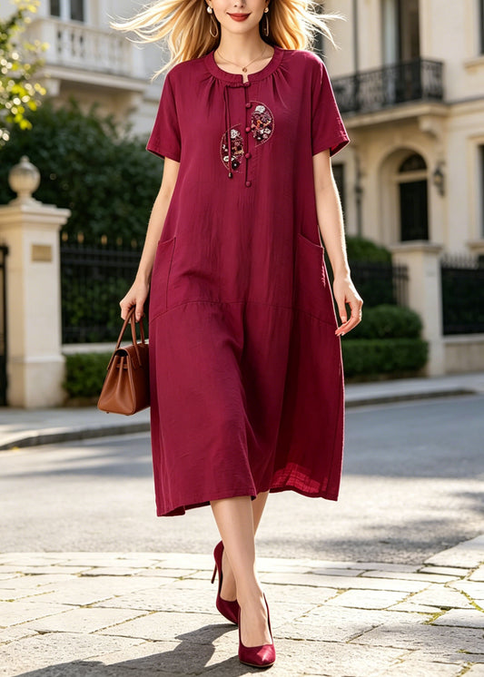 Plus Size Rose Embroidered Pockets Cotton Long Dress Summer