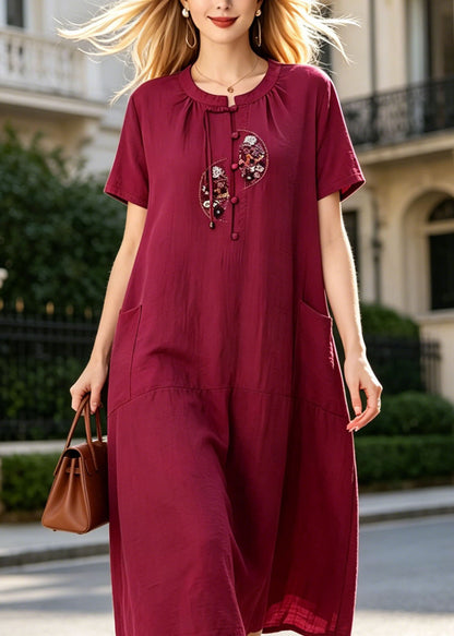 Plus Size Rose Embroidered Pockets Cotton Long Dress Summer