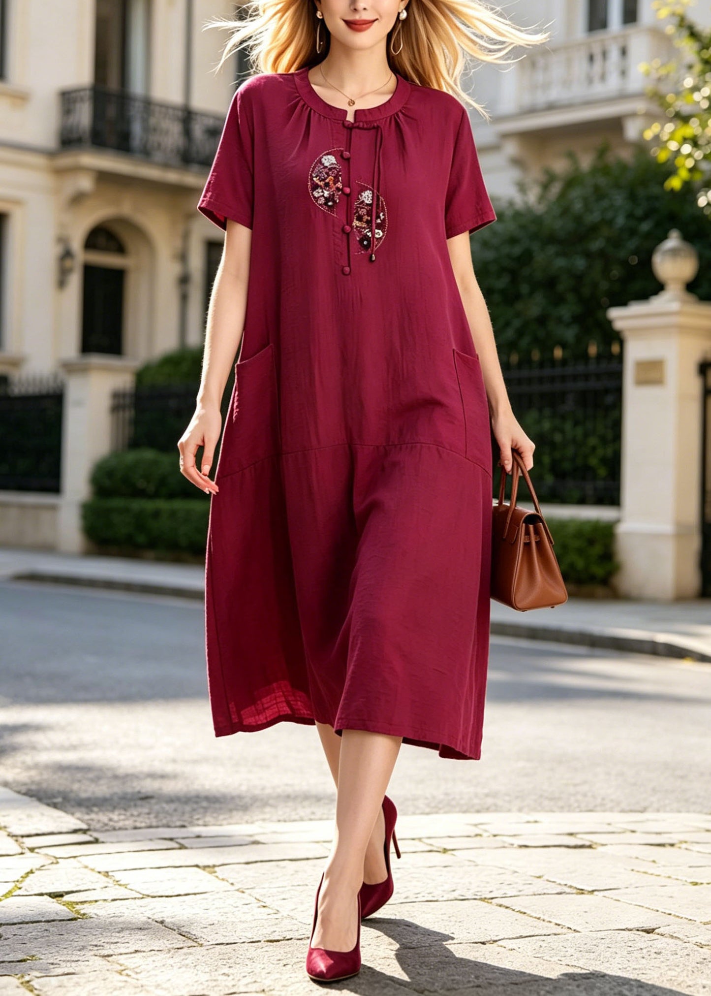 Plus Size Rose Embroidered Pockets Cotton Long Dress Summer