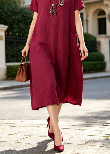 Plus Size Rose Embroidered Pockets Cotton Long Dress Summer