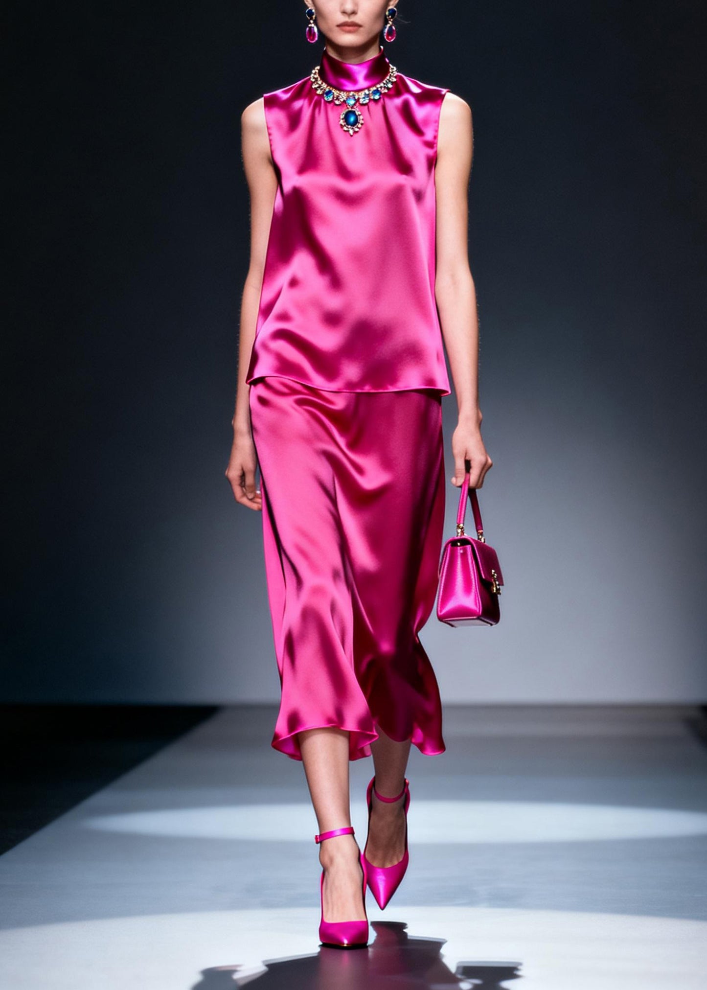 Plus Size Rose Hign Neck False Two Pieces Silk Dresses Sleeveless