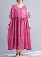 Plus Size Rose Print Pockets Cotton Long Dresses Summer