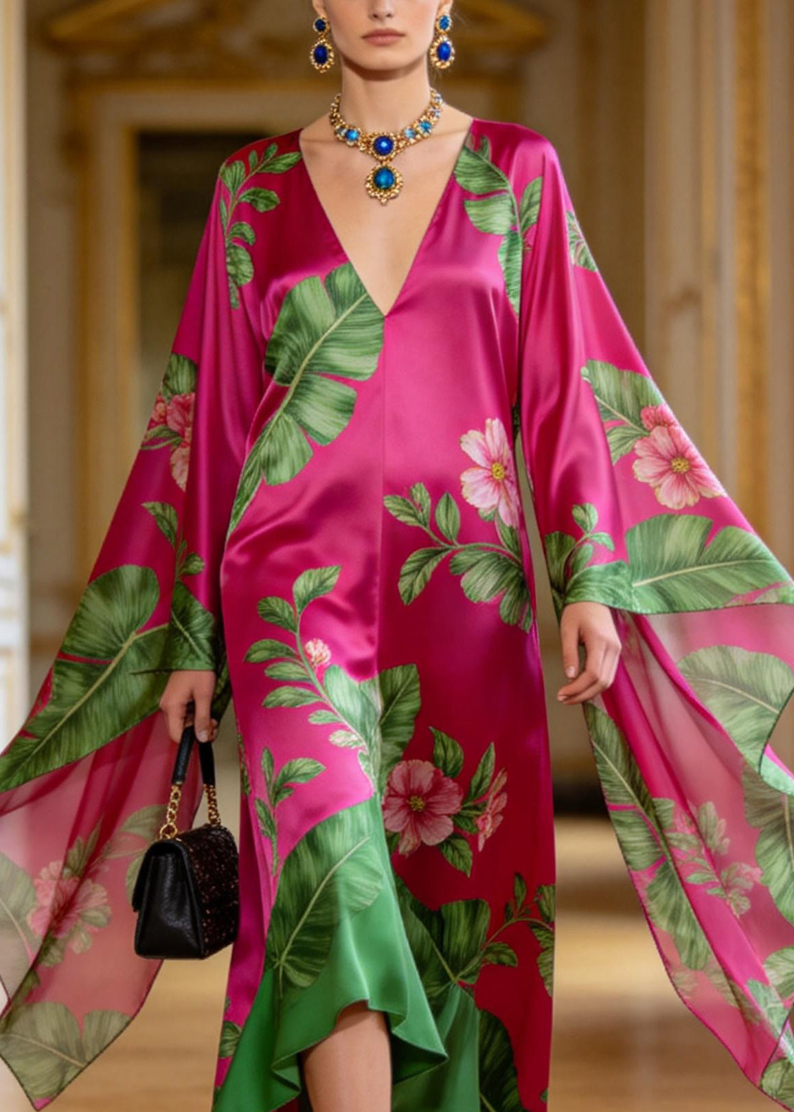 Plus Size Rose V Neck Asymmetrical Design Print Chiffon Robe Dresses Batwing Sleeve