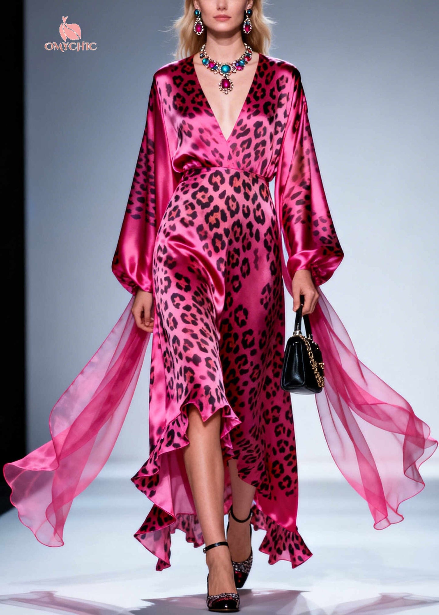 Plus Size Rose V Neck Leopard Print Silk Dress Summer