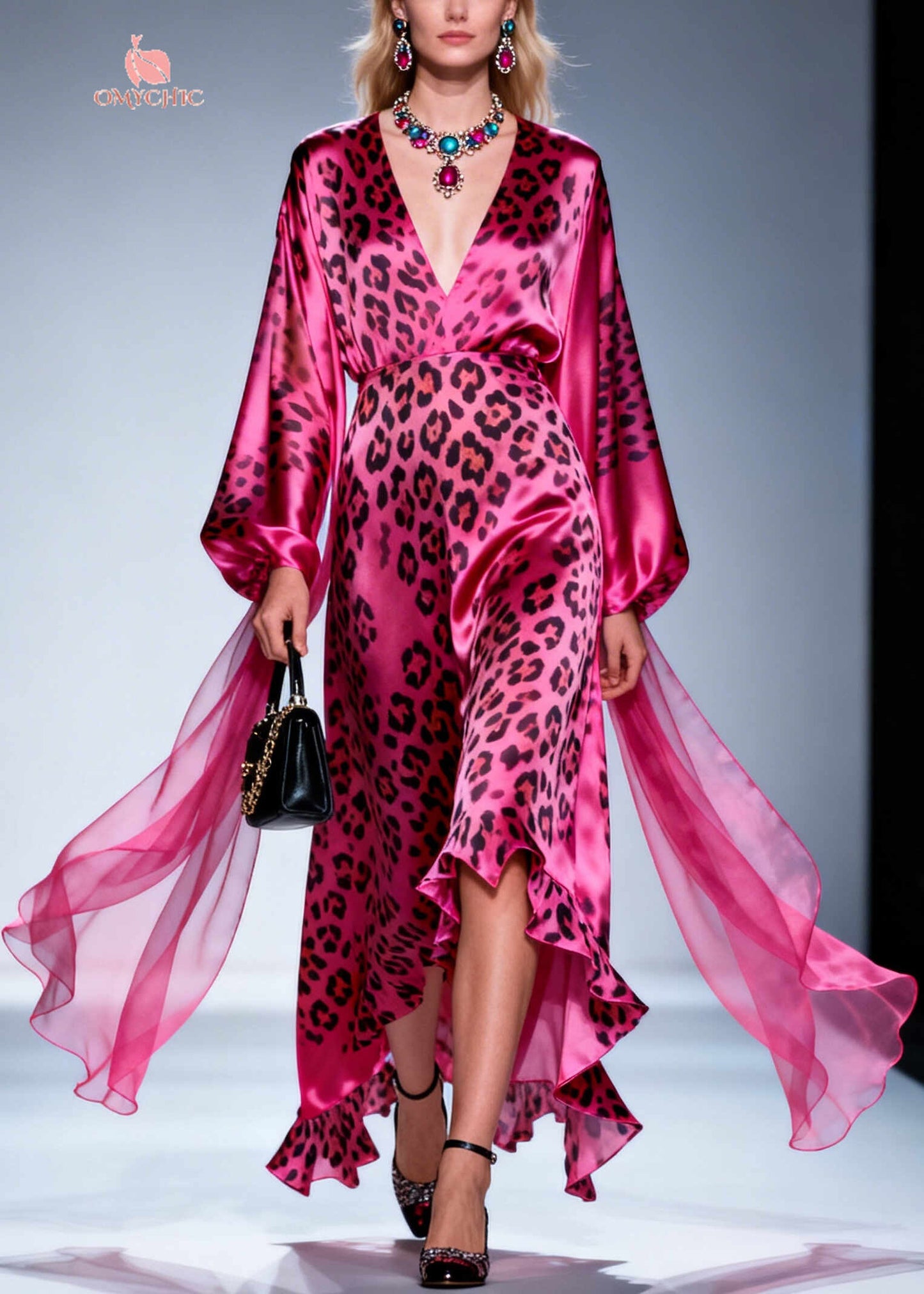 Plus Size Rose V Neck Leopard Print Silk Dress Summer