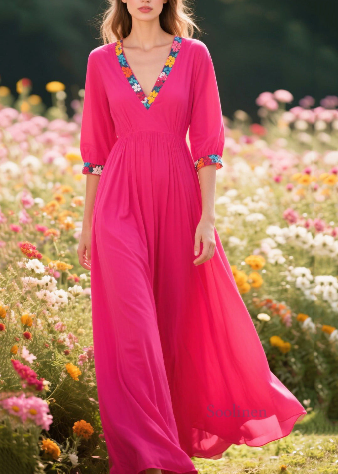 Plus Size Rose V Neck Patchwork Cotton Party Dress Summer