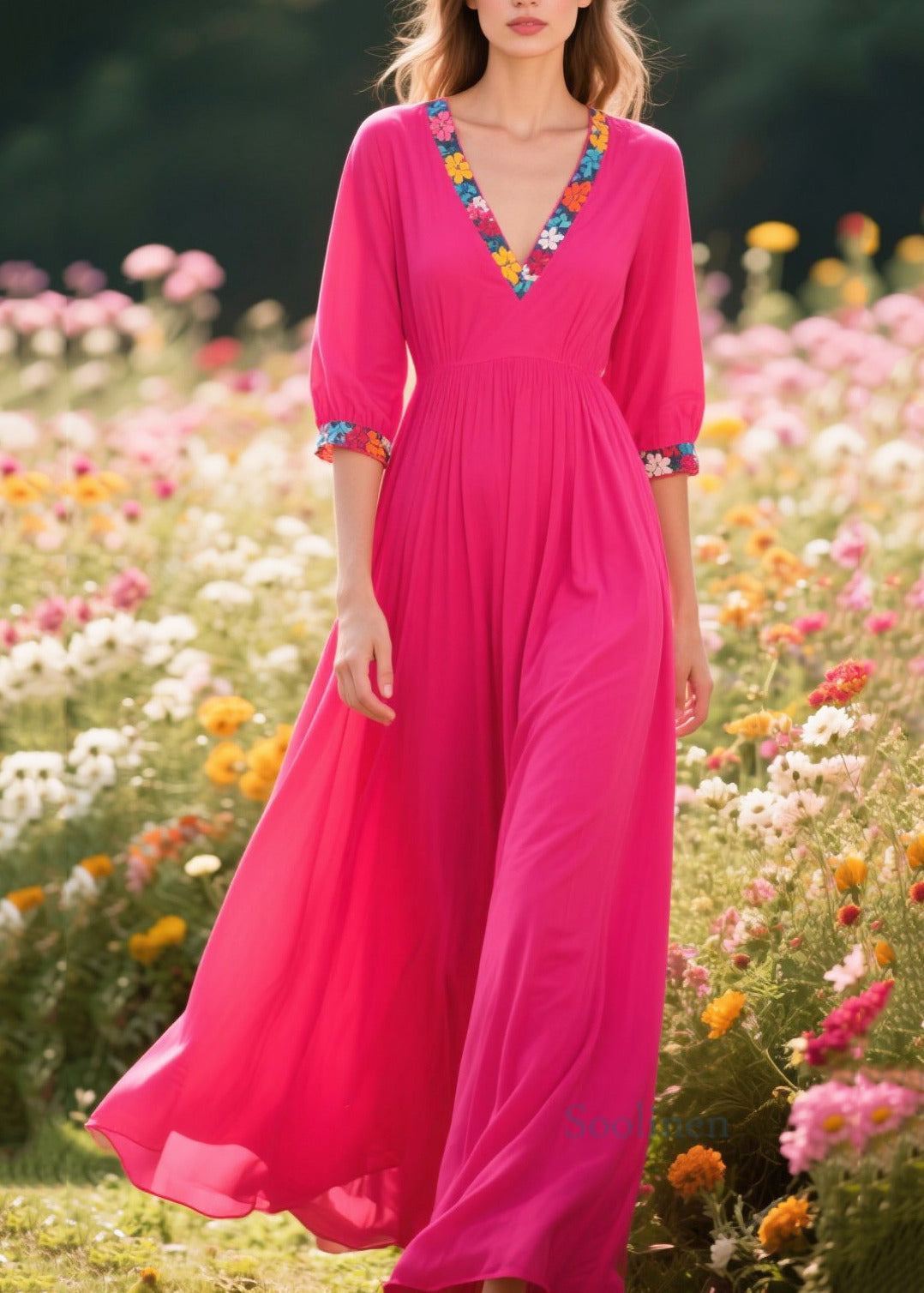 Plus Size Rose V Neck Patchwork Cotton Party Dress Summer