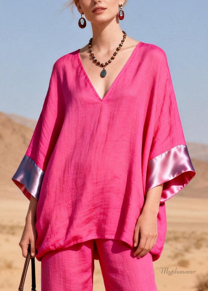 Plus Size Rose V Neck Solid Silk Patchwork Two Pieces Set Bracelet Sleeve