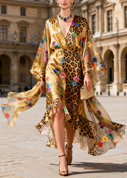 Plus Size Ruffled Asymmetrical Design Floral Silk Maxi Dress Summer